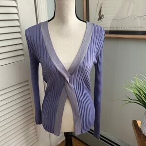 FOREVER 21 Sweater Womens Medium Metallic Purple Ribbed Knit Plunging V Holiday